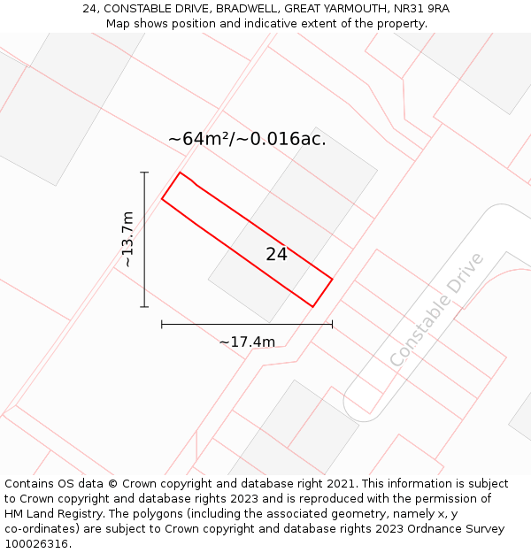 24, CONSTABLE DRIVE, BRADWELL, GREAT YARMOUTH, NR31 9RA: Plot and title map