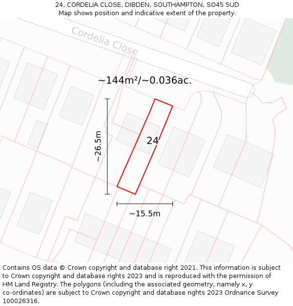 24, CORDELIA CLOSE, DIBDEN, SOUTHAMPTON, SO45 5UD: Plot and title map