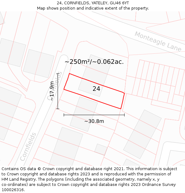 24, CORNFIELDS, YATELEY, GU46 6YT: Plot and title map