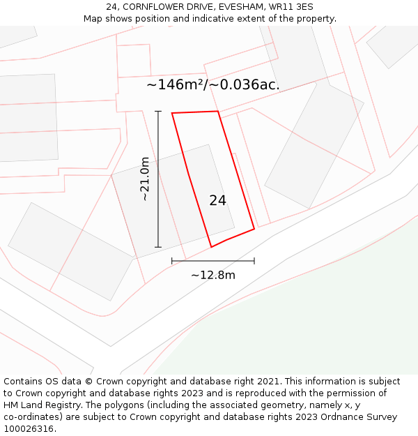 24, CORNFLOWER DRIVE, EVESHAM, WR11 3ES: Plot and title map
