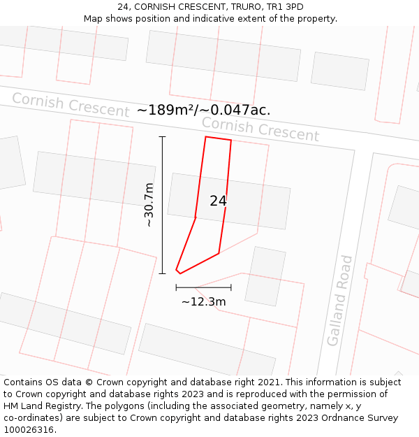 24, CORNISH CRESCENT, TRURO, TR1 3PD: Plot and title map