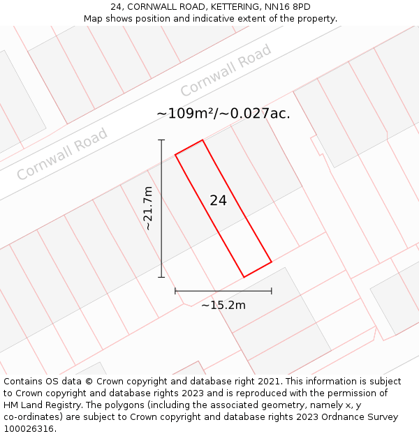 24, CORNWALL ROAD, KETTERING, NN16 8PD: Plot and title map