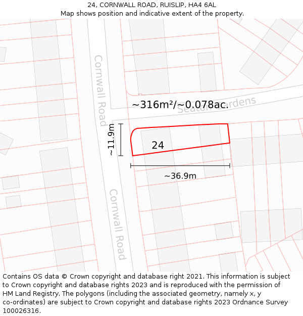 24, CORNWALL ROAD, RUISLIP, HA4 6AL: Plot and title map