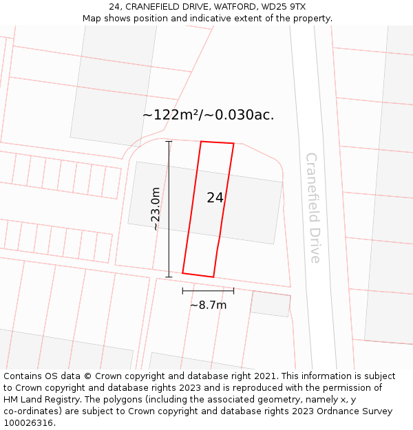 24, CRANEFIELD DRIVE, WATFORD, WD25 9TX: Plot and title map