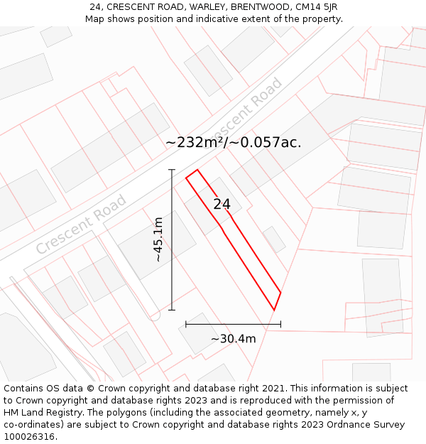 24, CRESCENT ROAD, WARLEY, BRENTWOOD, CM14 5JR: Plot and title map
