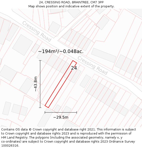 24, CRESSING ROAD, BRAINTREE, CM7 3PP: Plot and title map