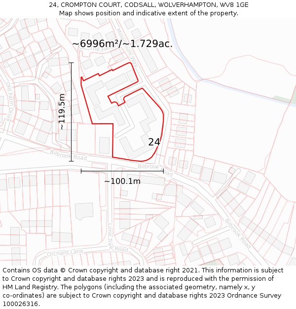 24, CROMPTON COURT, CODSALL, WOLVERHAMPTON, WV8 1GE: Plot and title map