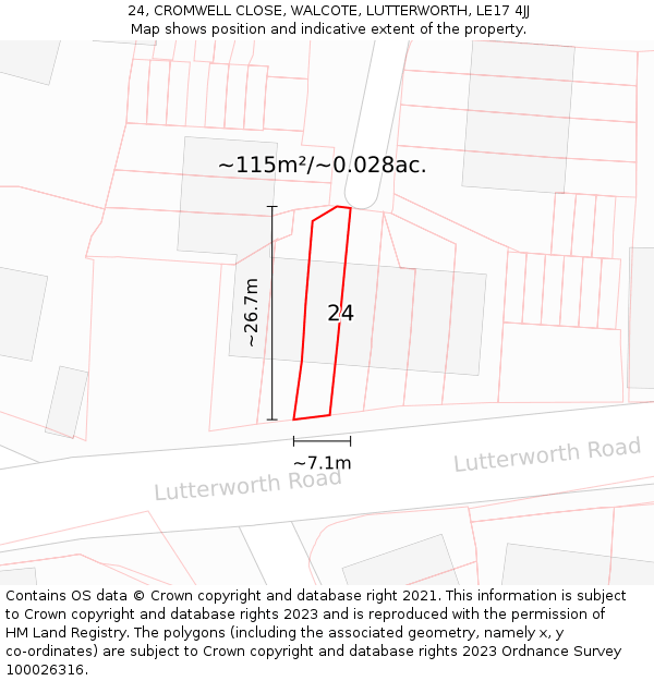 24, CROMWELL CLOSE, WALCOTE, LUTTERWORTH, LE17 4JJ: Plot and title map