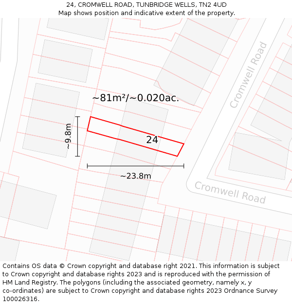 24, CROMWELL ROAD, TUNBRIDGE WELLS, TN2 4UD: Plot and title map