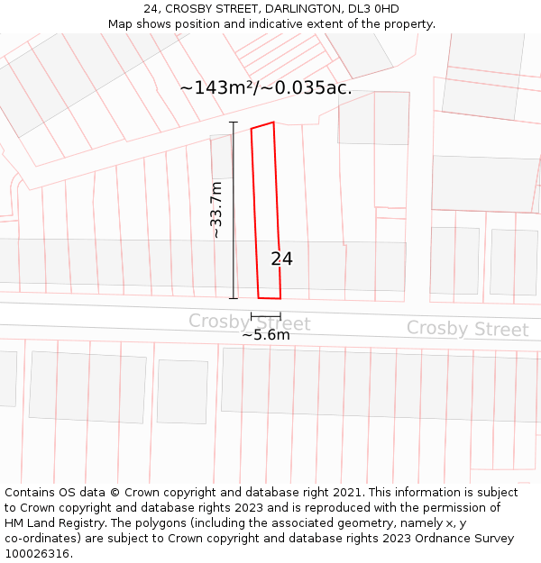 24, CROSBY STREET, DARLINGTON, DL3 0HD: Plot and title map