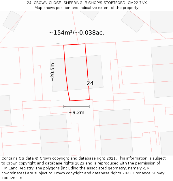 24, CROWN CLOSE, SHEERING, BISHOP'S STORTFORD, CM22 7NX: Plot and title map