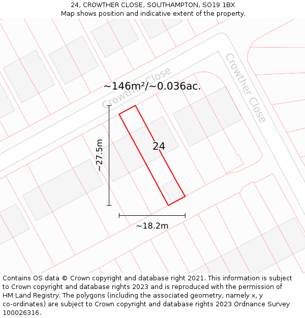 24, CROWTHER CLOSE, SOUTHAMPTON, SO19 1BX: Plot and title map
