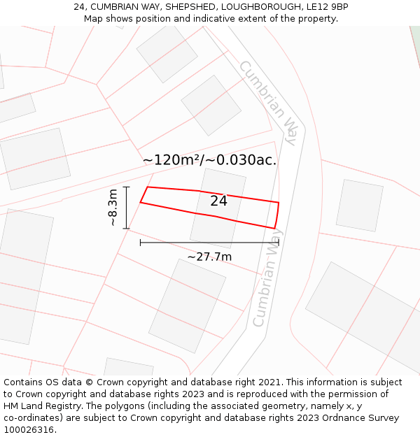 24, CUMBRIAN WAY, SHEPSHED, LOUGHBOROUGH, LE12 9BP: Plot and title map