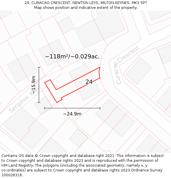 24, CURACAO CRESCENT, NEWTON LEYS, MILTON KEYNES, MK3 5PT: Plot and title map