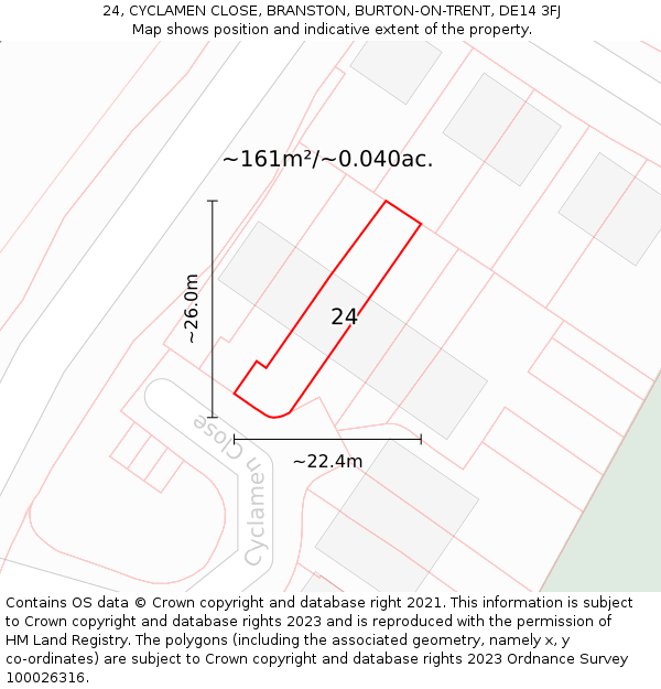 24, CYCLAMEN CLOSE, BRANSTON, BURTON-ON-TRENT, DE14 3FJ: Plot and title map