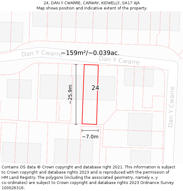 24, DAN Y CWARRE, CARWAY, KIDWELLY, SA17 4JA: Plot and title map