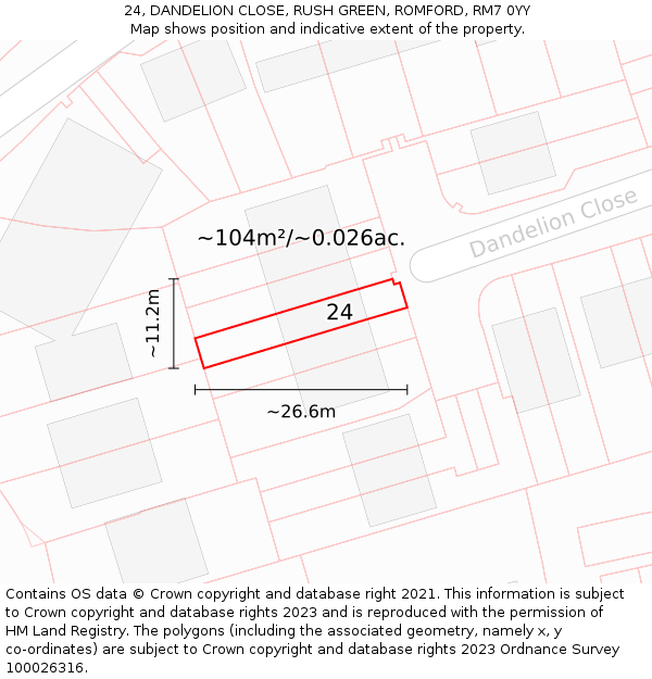 24, DANDELION CLOSE, RUSH GREEN, ROMFORD, RM7 0YY: Plot and title map
