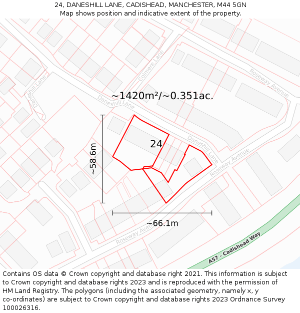 24, DANESHILL LANE, CADISHEAD, MANCHESTER, M44 5GN: Plot and title map