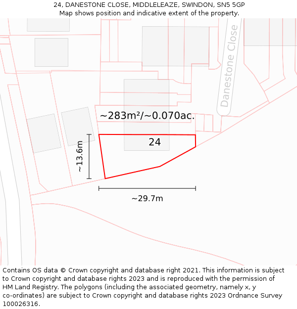 24, DANESTONE CLOSE, MIDDLELEAZE, SWINDON, SN5 5GP: Plot and title map