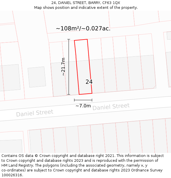 24, DANIEL STREET, BARRY, CF63 1QX: Plot and title map