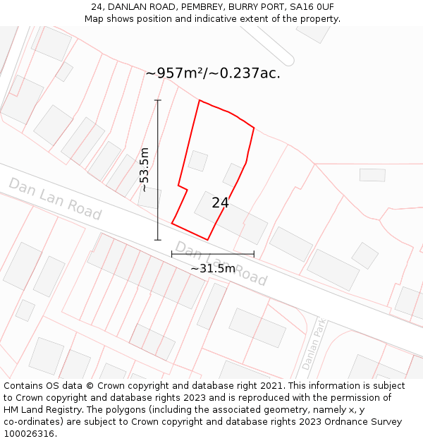 24, DANLAN ROAD, PEMBREY, BURRY PORT, SA16 0UF: Plot and title map