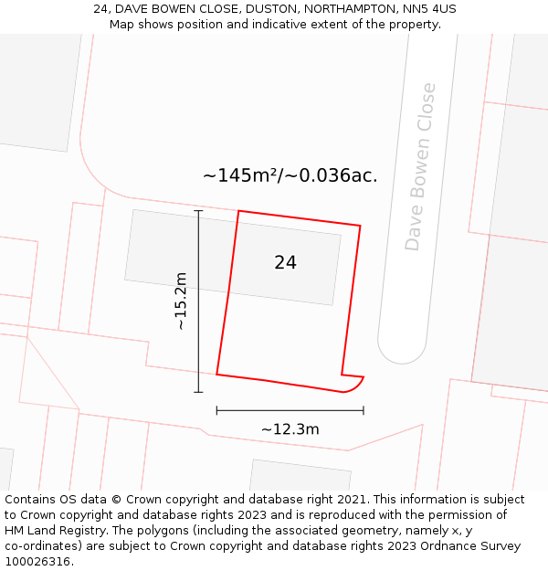 24, DAVE BOWEN CLOSE, DUSTON, NORTHAMPTON, NN5 4US: Plot and title map