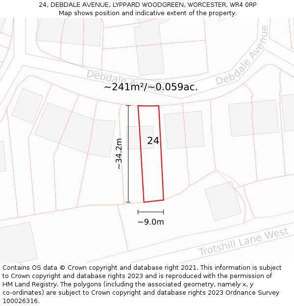 24, DEBDALE AVENUE, LYPPARD WOODGREEN, WORCESTER, WR4 0RP: Plot and title map