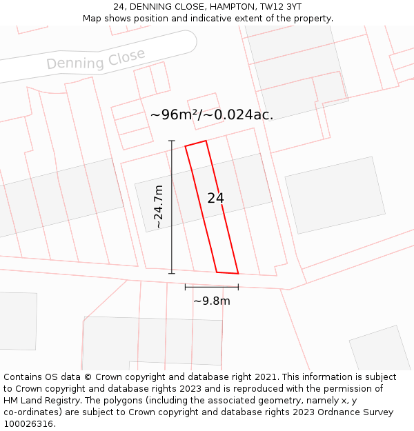24, DENNING CLOSE, HAMPTON, TW12 3YT: Plot and title map