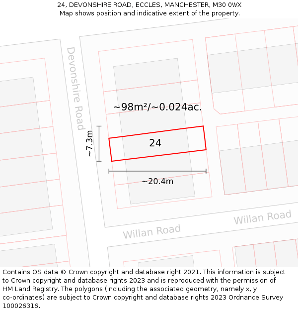 24, DEVONSHIRE ROAD, ECCLES, MANCHESTER, M30 0WX: Plot and title map