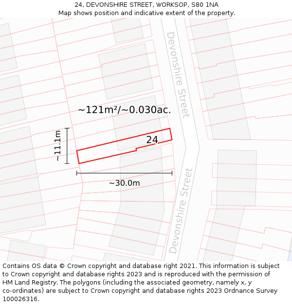 24, DEVONSHIRE STREET, WORKSOP, S80 1NA: Plot and title map