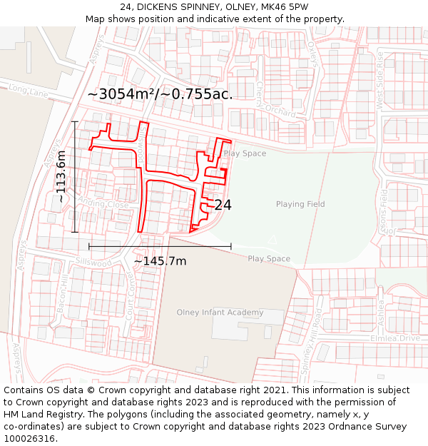 24, DICKENS SPINNEY, OLNEY, MK46 5PW: Plot and title map