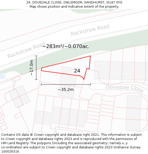 24, DOVEDALE CLOSE, OWLSMOOR, SANDHURST, GU47 0YG: Plot and title map