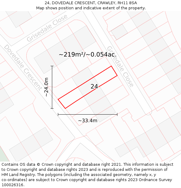 24, DOVEDALE CRESCENT, CRAWLEY, RH11 8SA: Plot and title map