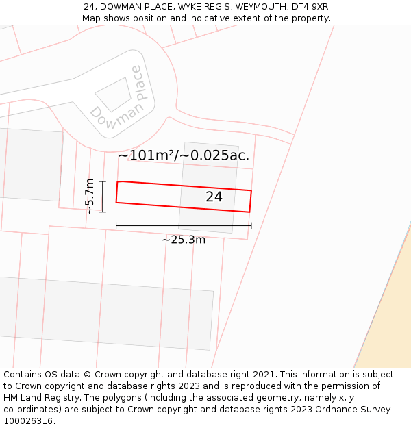 24, DOWMAN PLACE, WYKE REGIS, WEYMOUTH, DT4 9XR: Plot and title map