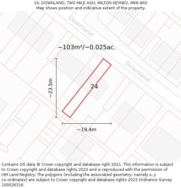 24, DOWNLAND, TWO MILE ASH, MILTON KEYNES, MK8 8AS: Plot and title map