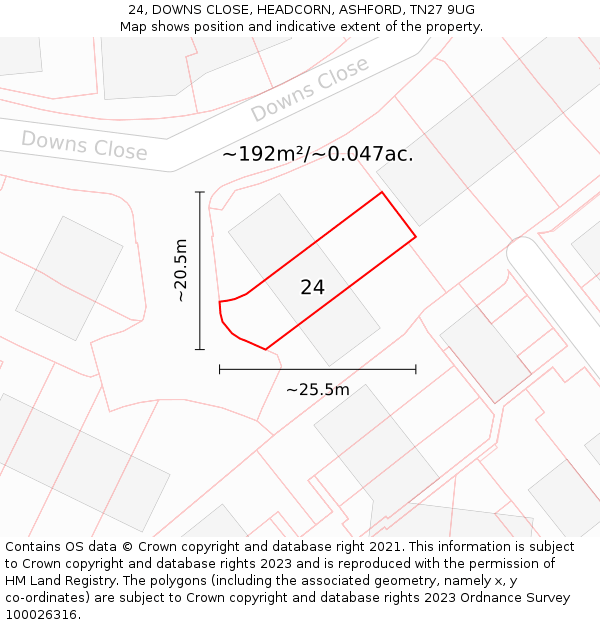 24, DOWNS CLOSE, HEADCORN, ASHFORD, TN27 9UG: Plot and title map