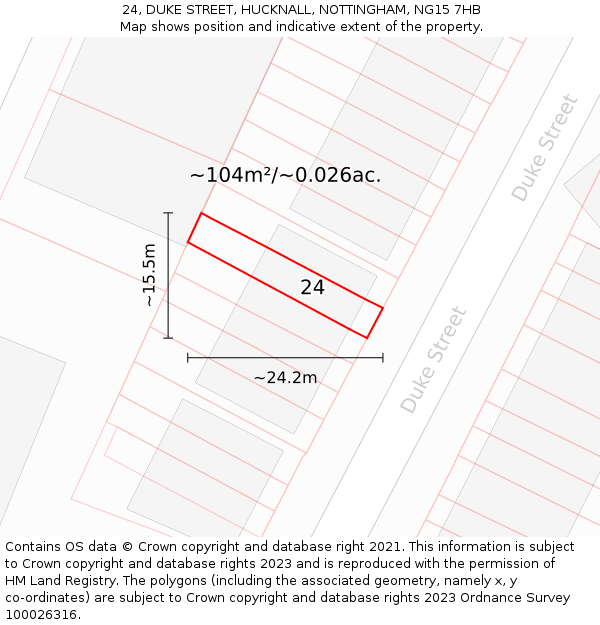 24, DUKE STREET, HUCKNALL, NOTTINGHAM, NG15 7HB: Plot and title map