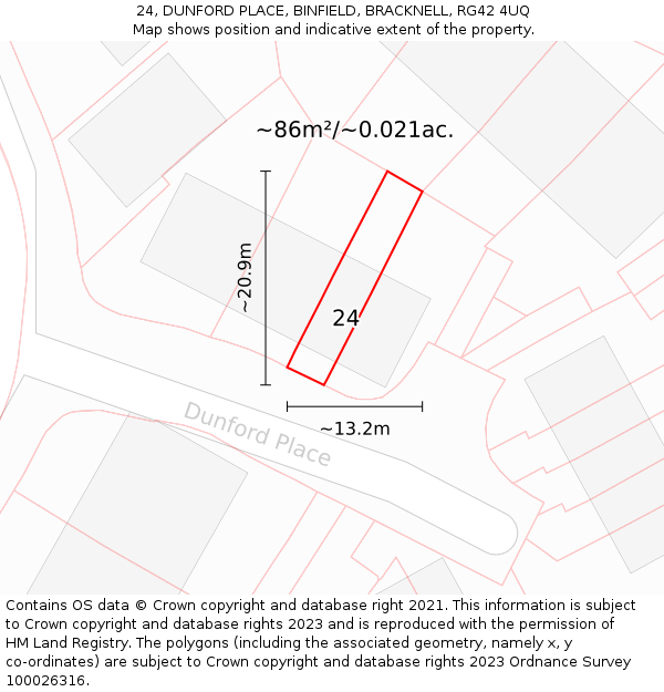 24, DUNFORD PLACE, BINFIELD, BRACKNELL, RG42 4UQ: Plot and title map