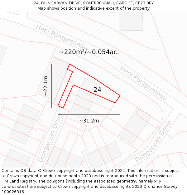 24, DUNGARVAN DRIVE, PONTPRENNAU, CARDIFF, CF23 8PY: Plot and title map