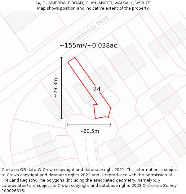 24, DUNNERDALE ROAD, CLAYHANGER, WALSALL, WS8 7SJ: Plot and title map