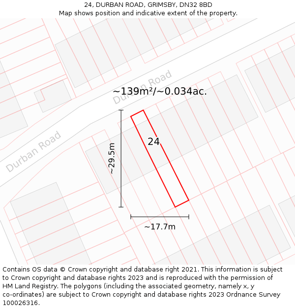 24, DURBAN ROAD, GRIMSBY, DN32 8BD: Plot and title map
