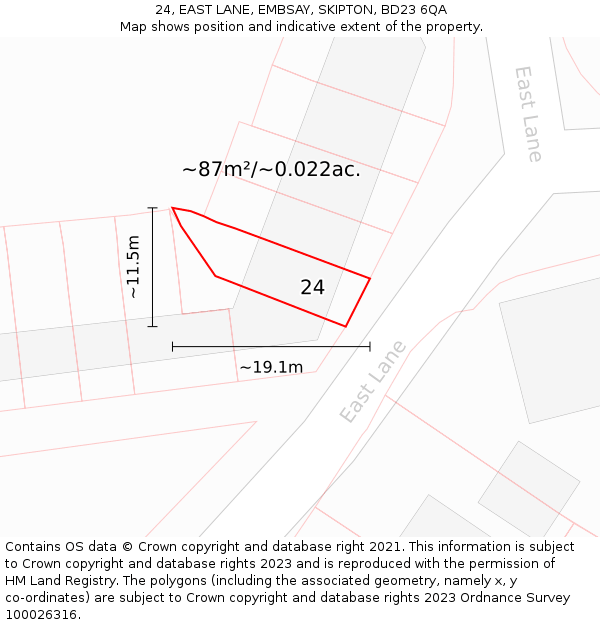 24, EAST LANE, EMBSAY, SKIPTON, BD23 6QA: Plot and title map