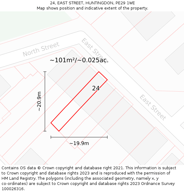 24, EAST STREET, HUNTINGDON, PE29 1WE: Plot and title map