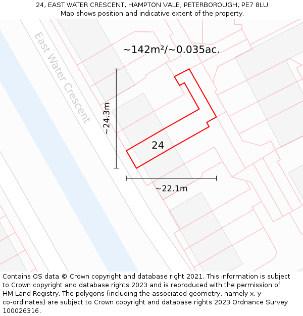 24, EAST WATER CRESCENT, HAMPTON VALE, PETERBOROUGH, PE7 8LU: Plot and title map