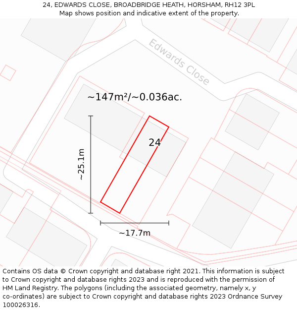 24, EDWARDS CLOSE, BROADBRIDGE HEATH, HORSHAM, RH12 3PL: Plot and title map