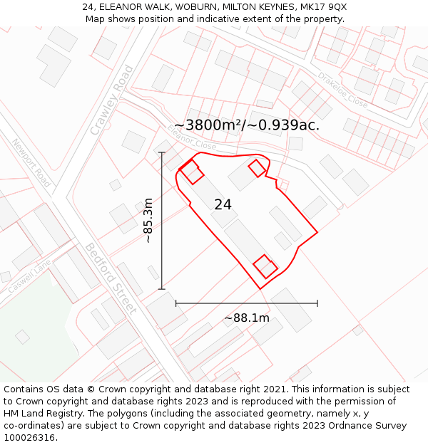 24, ELEANOR WALK, WOBURN, MILTON KEYNES, MK17 9QX: Plot and title map