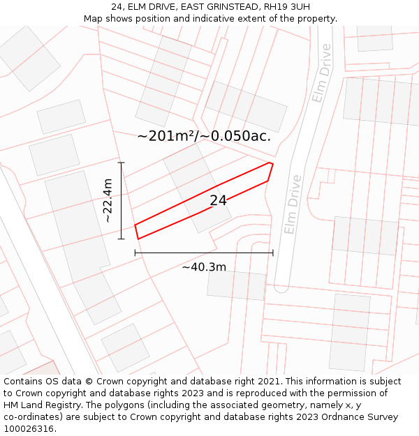 24, ELM DRIVE, EAST GRINSTEAD, RH19 3UH: Plot and title map