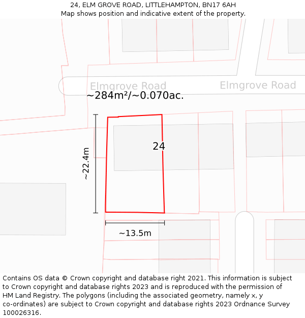 24, ELM GROVE ROAD, LITTLEHAMPTON, BN17 6AH: Plot and title map
