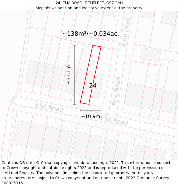24, ELM ROAD, BENFLEET, SS7 2AH: Plot and title map