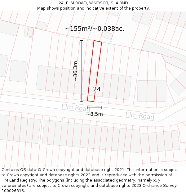 24, ELM ROAD, WINDSOR, SL4 3ND: Plot and title map